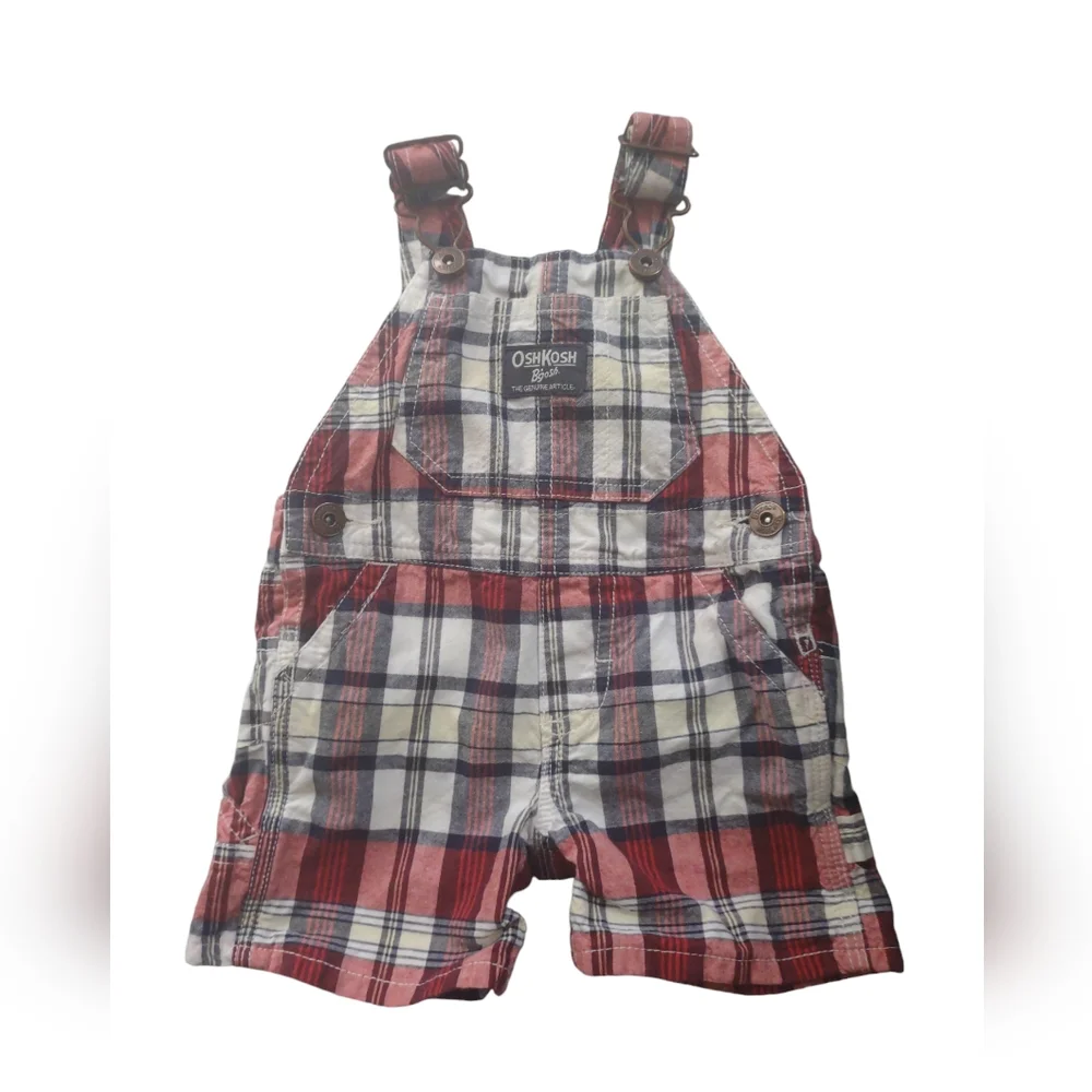 OshKosh B'gosh overalls short Baby 6 mo red/black plaid yellow‎ stripe pockets